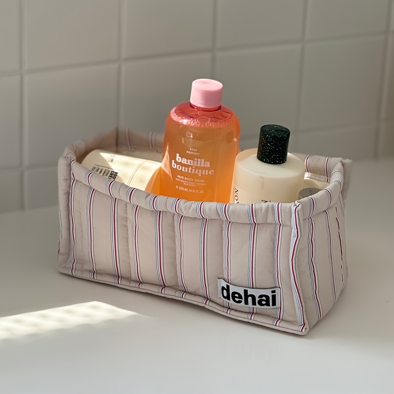 TEMU Storage Box - Fabric Striped Quilted Storage Basket, Home Organizer For Tissues, Books, And Sundries, Foldable For , Suitable For Office,
