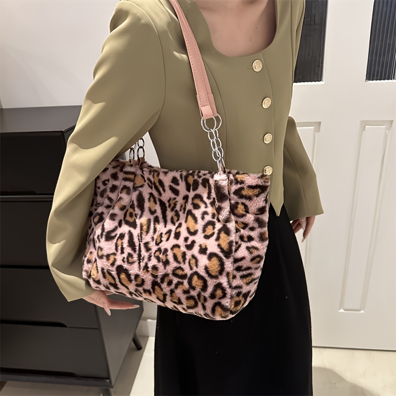 womens leopard satchel   fur tote bag with removable strap chic large capacity shoulder bag versatile crossbody handbag for daily use fashion accessory for adults 18 details 1