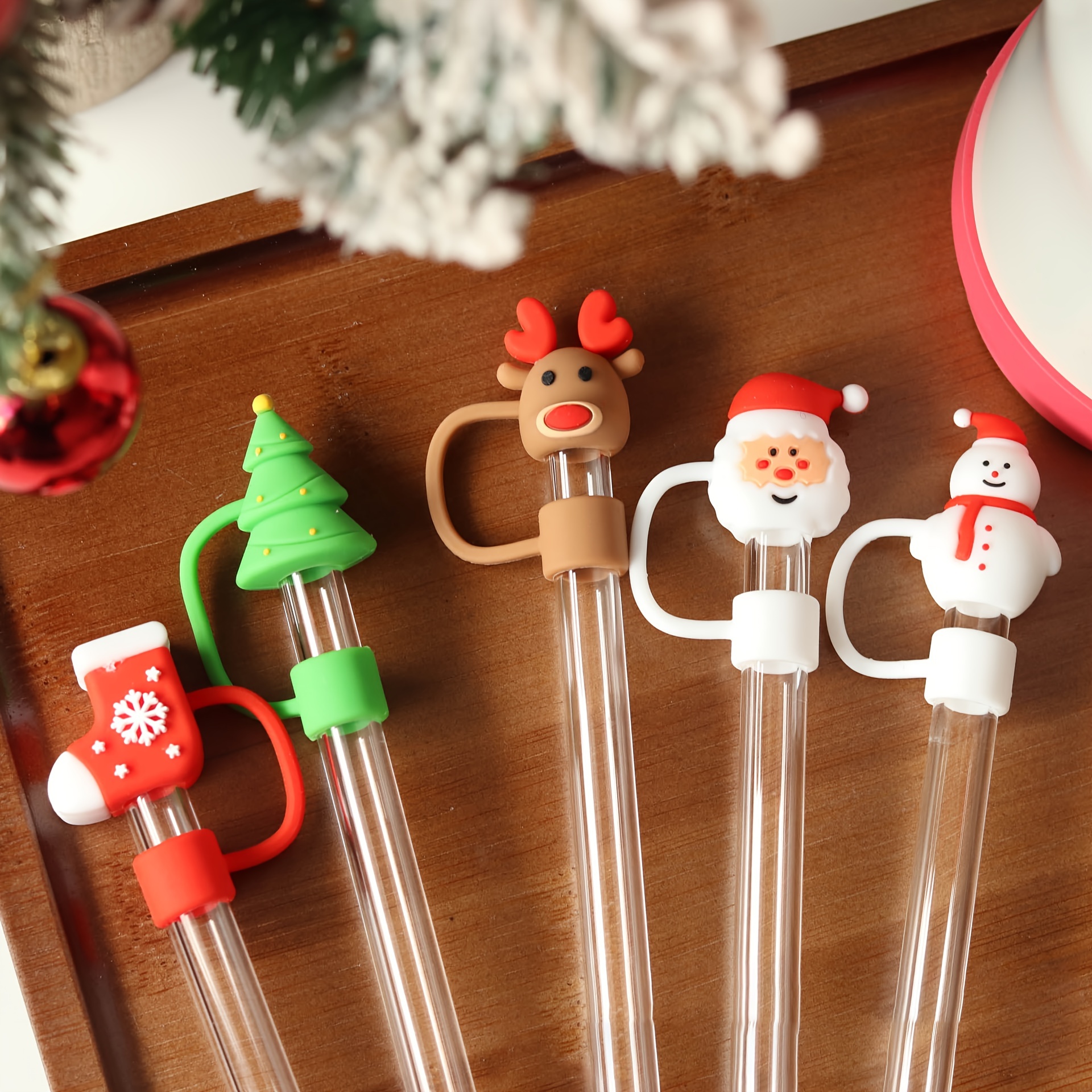 

5-pack Christmas Silicone Straw Toppers, 10mm Dustproof Caps For Stanley Cups - Festive Drink Accessories