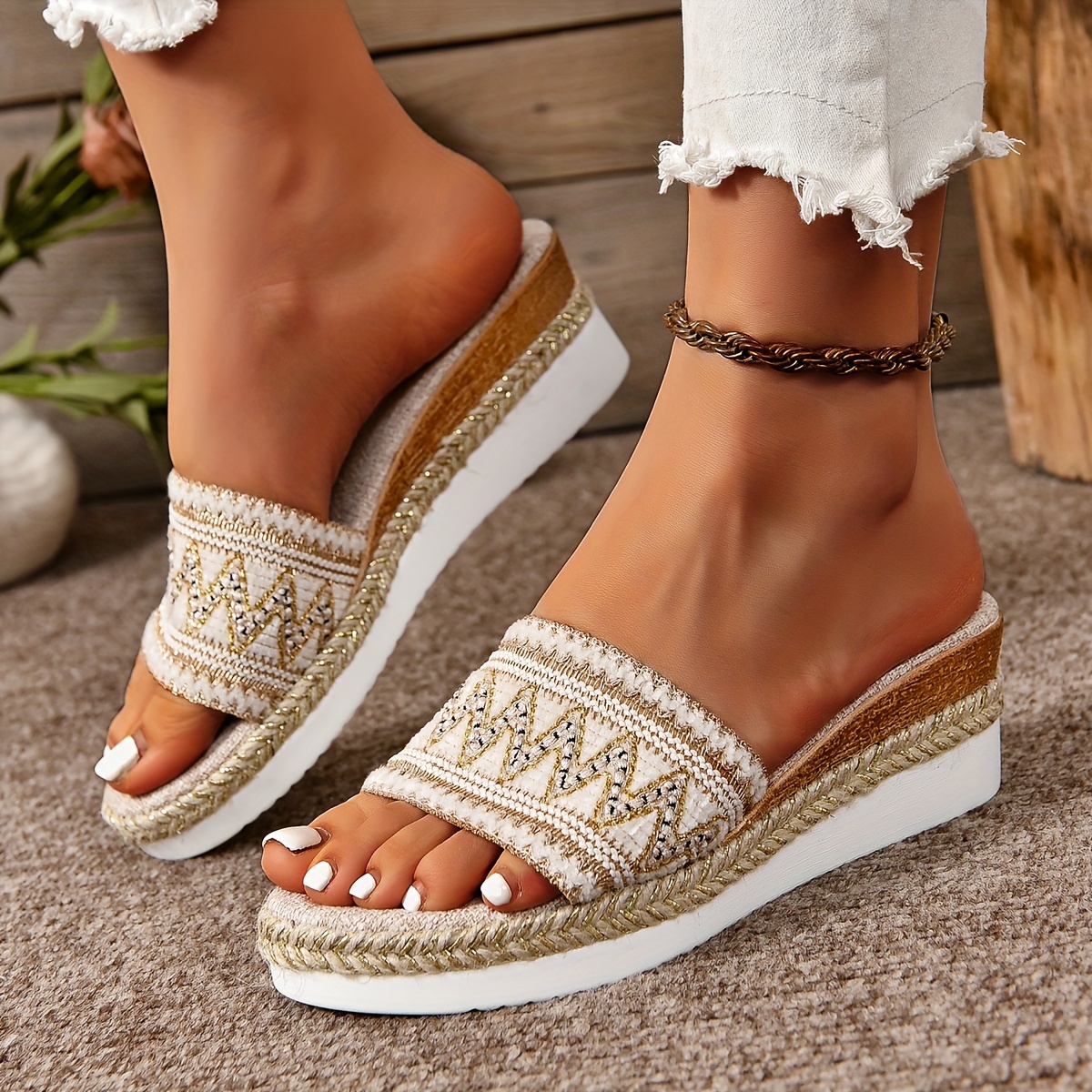 womens stylish woven sandals slip platform casual beach Temu - Main Image