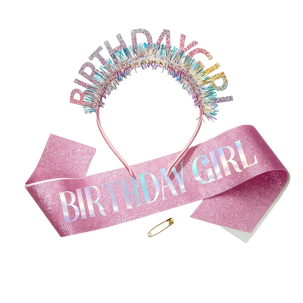 TEMU Set Completo Compleanno "BIRTHDAY GIRL": Cerchietto e Fascia con Glitter, Cappello da Festa con Cerchietto e Nastro per le Spalle - Kit Completo