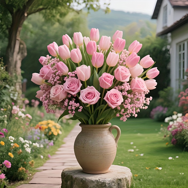 A Bouquet of 38 Artificial Roses, Tulips, And 'S Breath, Realistic Home Decor Suitable for Living Rooms, Tabletops, Gardens, Malls, Coffee Shops, And More - Usable All Year Round Without Maintenance, Perfect for Anniversaries, Thanksgiving