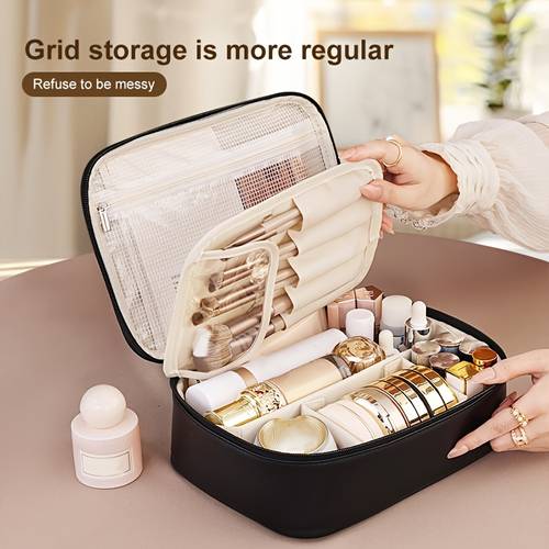 large capacity makeup organizer bag beige soft pink pu cosmetic case with brush holder compartments travel friendly beauty storage for women men makeup organizer for home or on the go ideal gift for couples makeup bags accessory modern cosmetic bag material construction