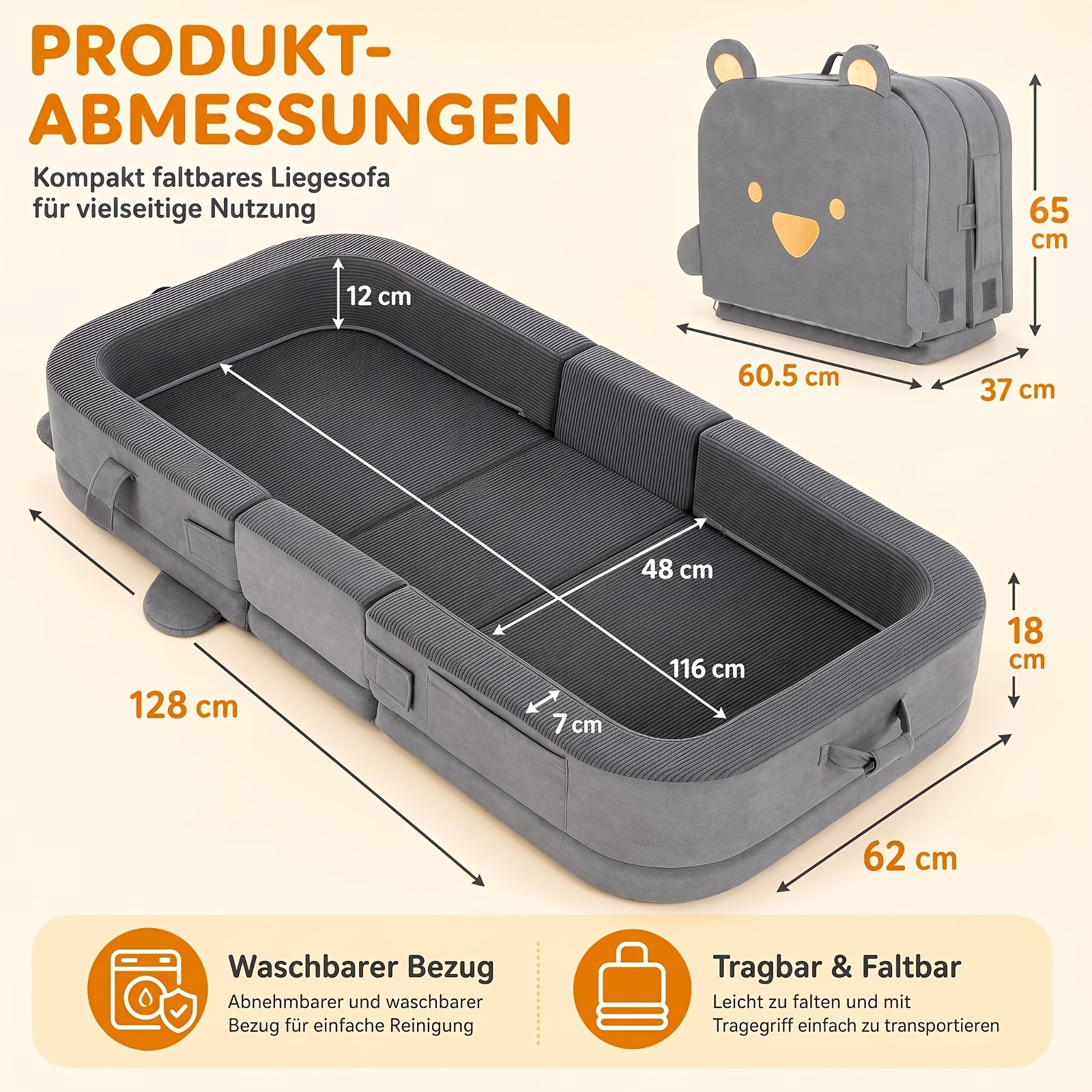 Image of Foldable Dog Bed, Portable Pet Sofa, 128×62×18cm, Removable And Washable Cover, Suitable For Living Room, Camping, And Travel, For Small And Medium Dogs