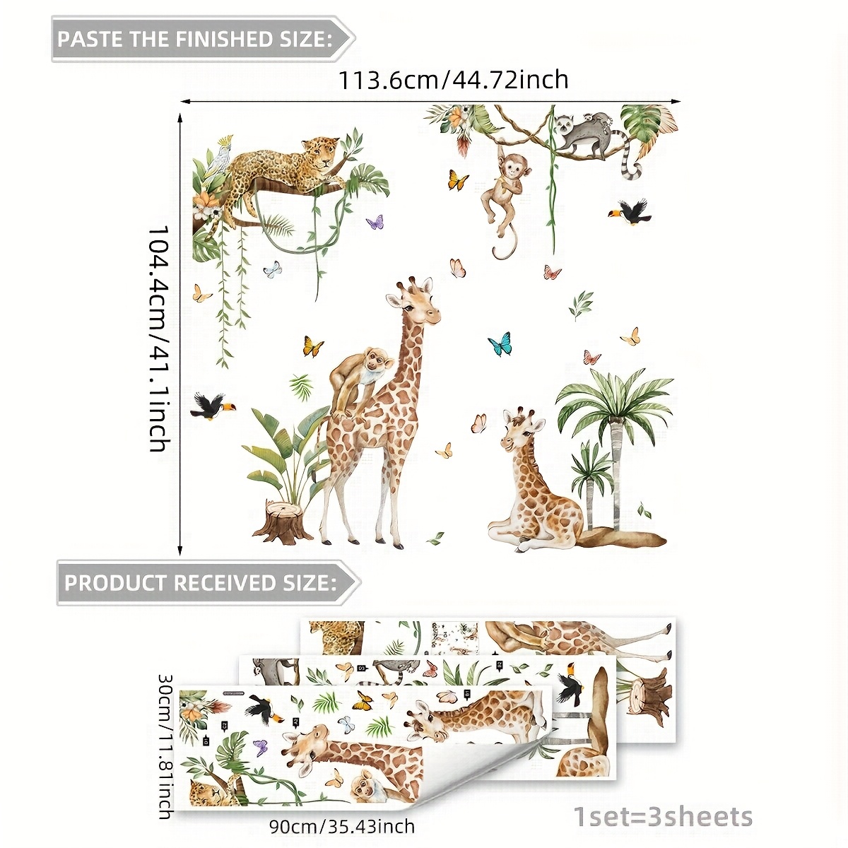 E-shop Ein Set mit 3 Stück 30*90 cm Baumzweig Affe Leoparden Giraffe Schmetterling große Wandsticker für Wohnzimmer und Schlafzimmer selbstklebend