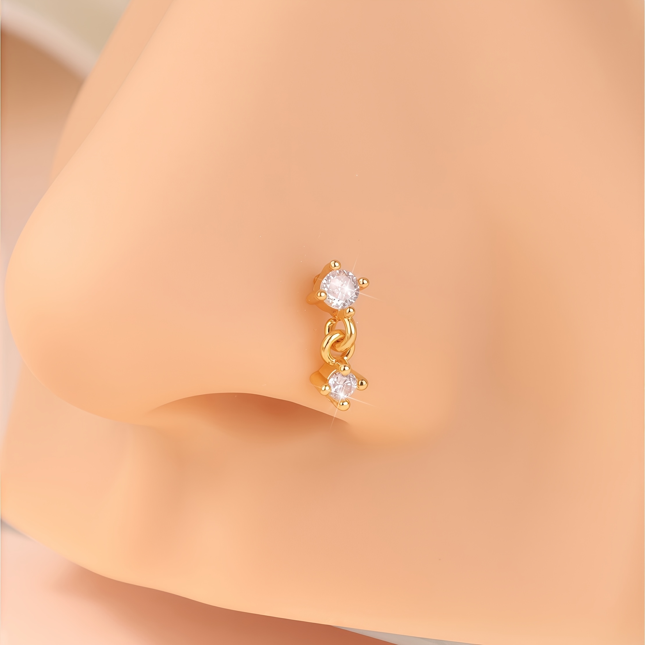 TEMU 1pc Nose Rings L Shaped Nose Studs Ring Hypoallergenic Dangle Round Cubic Synthetic Zirconia Nose Studs Hoops Piercings Jewelry Gift For Women