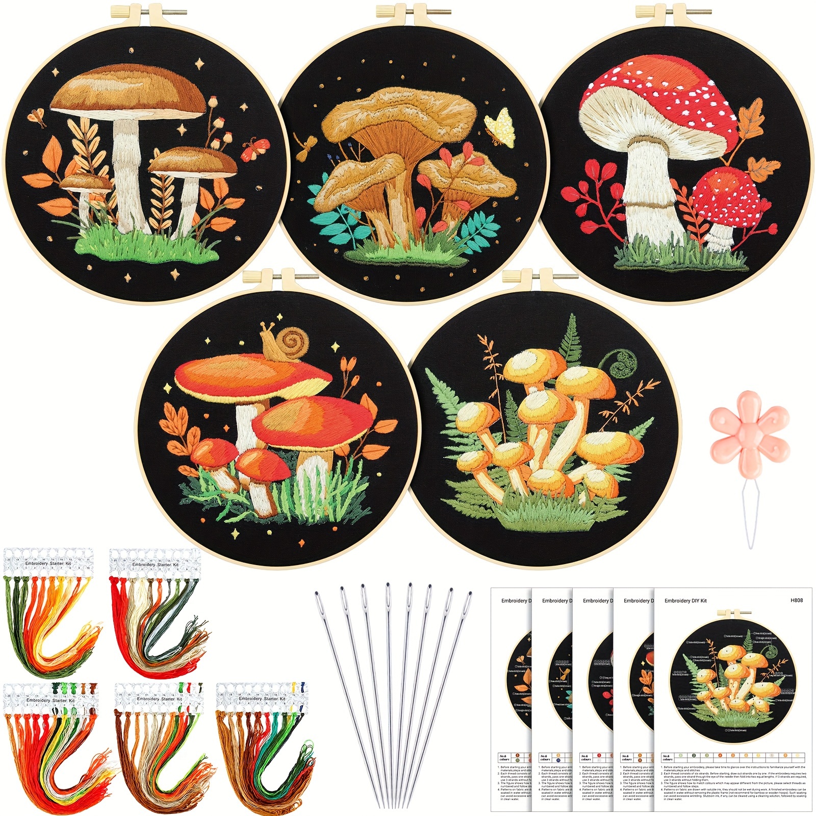 

5 Sets Mushroom Embroidery Kit For Beginners With Patterns Mushroom Cross Stitch Set Diy Adult Hand Needlepoint Embroidery Starter Set With Mushroom Pattern Embroidery Hoops Needles Threads