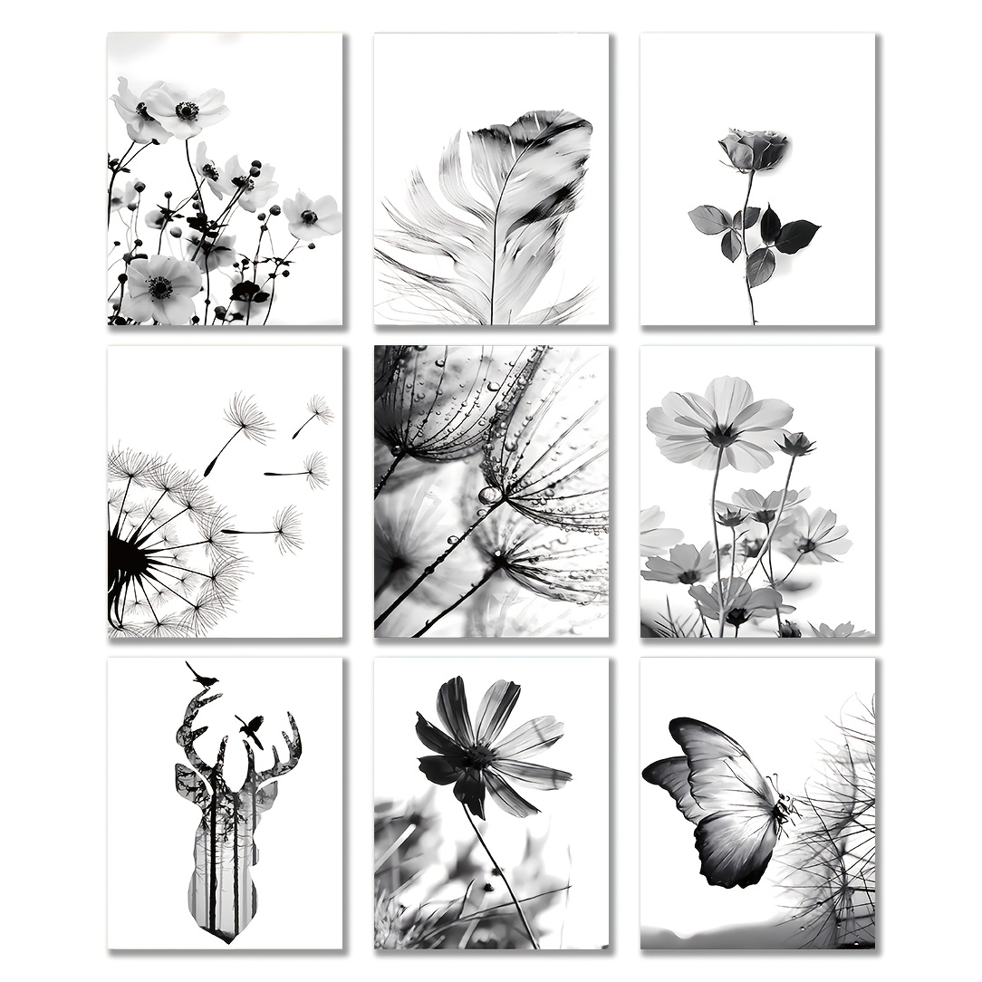 TEMU 8pcs Frameless Black And White Dandelion Plant Flower Bedroom Decoration Painting Spray-painted Modern Simple Hanging Painting Living Room