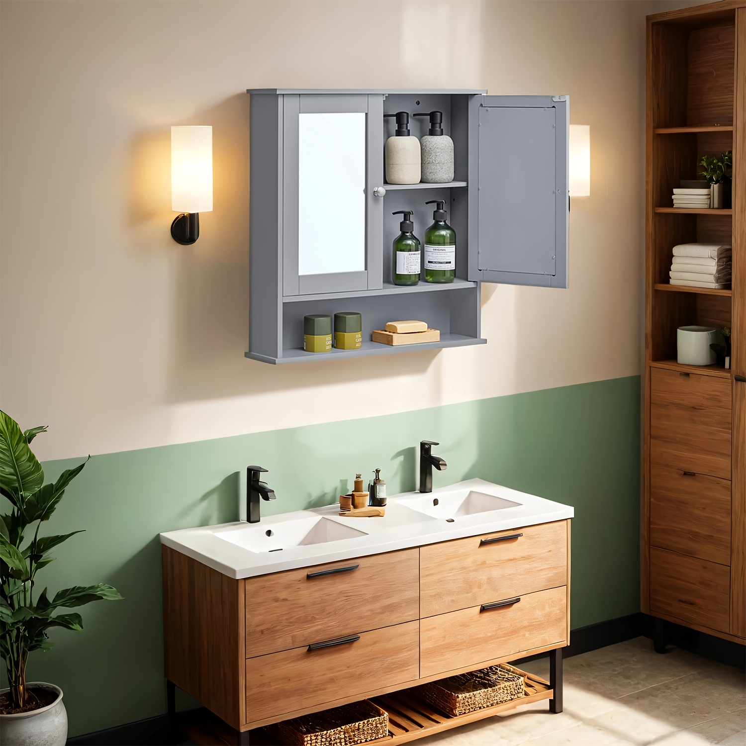 E-shop Wandschrank mit offenem Fach, Badezimmerschrank, Maße 13 x 56,5 x 58,5 cm, mit zwei verspiegelten Türen verstellbaren Regalen. Geeignet für