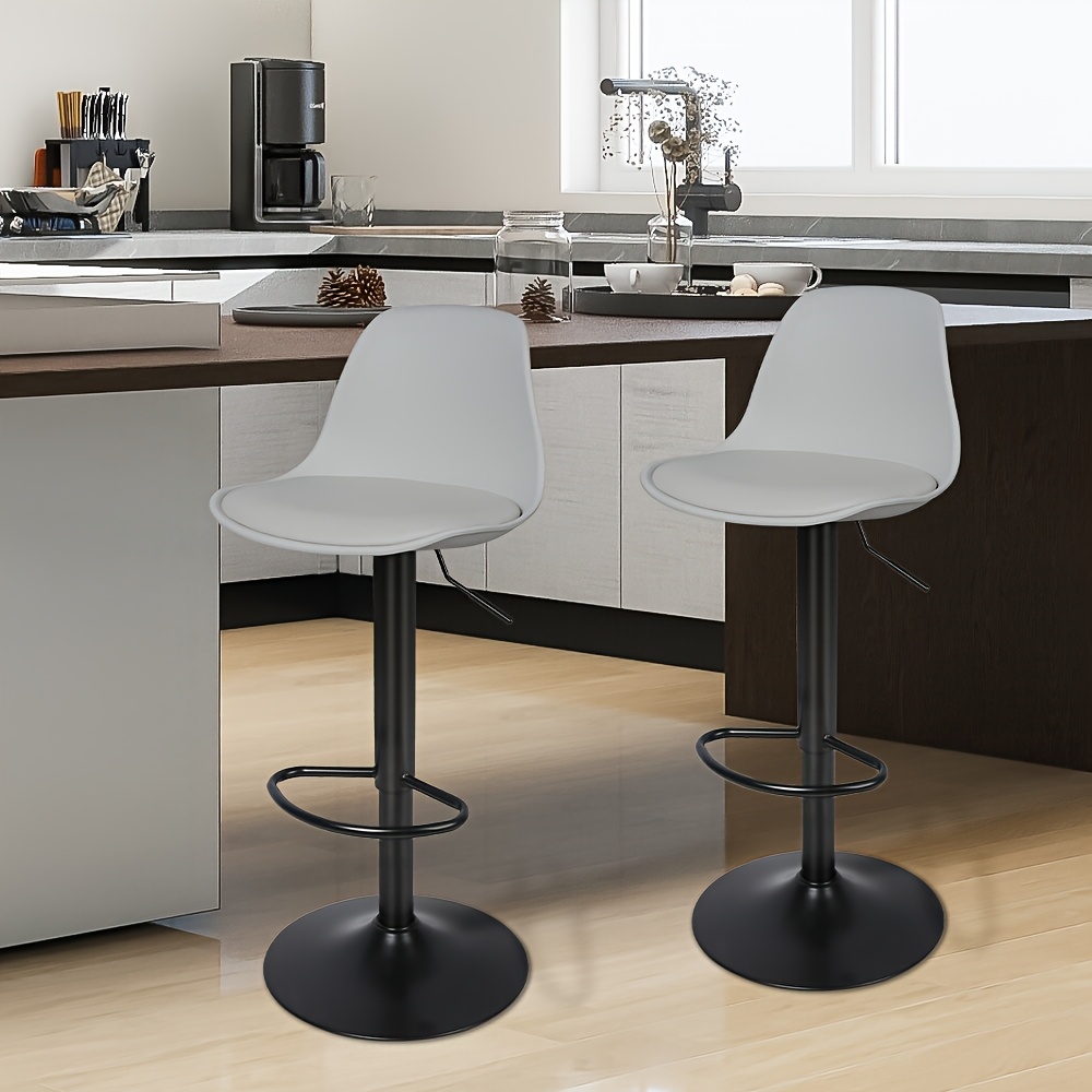 Image of Adjustable Swivel Bar Stools 2pcs - 55-75cm Height Counter Stools With Pu Leather Seat, Plastic Backrest & Metal Frame, Soft Padded Modern Grey Stools For Kitchen, Cafe