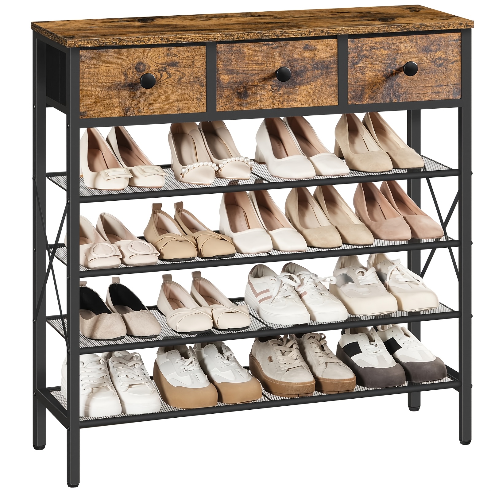 TEMU 4/5-tier Shoe Rack With 3 Drawers | Metal Shoe Storage Rack With Wooden Top, To 20 Pairs Of Shoes, And , Suitable For Entryway, Hallway, Foyer,