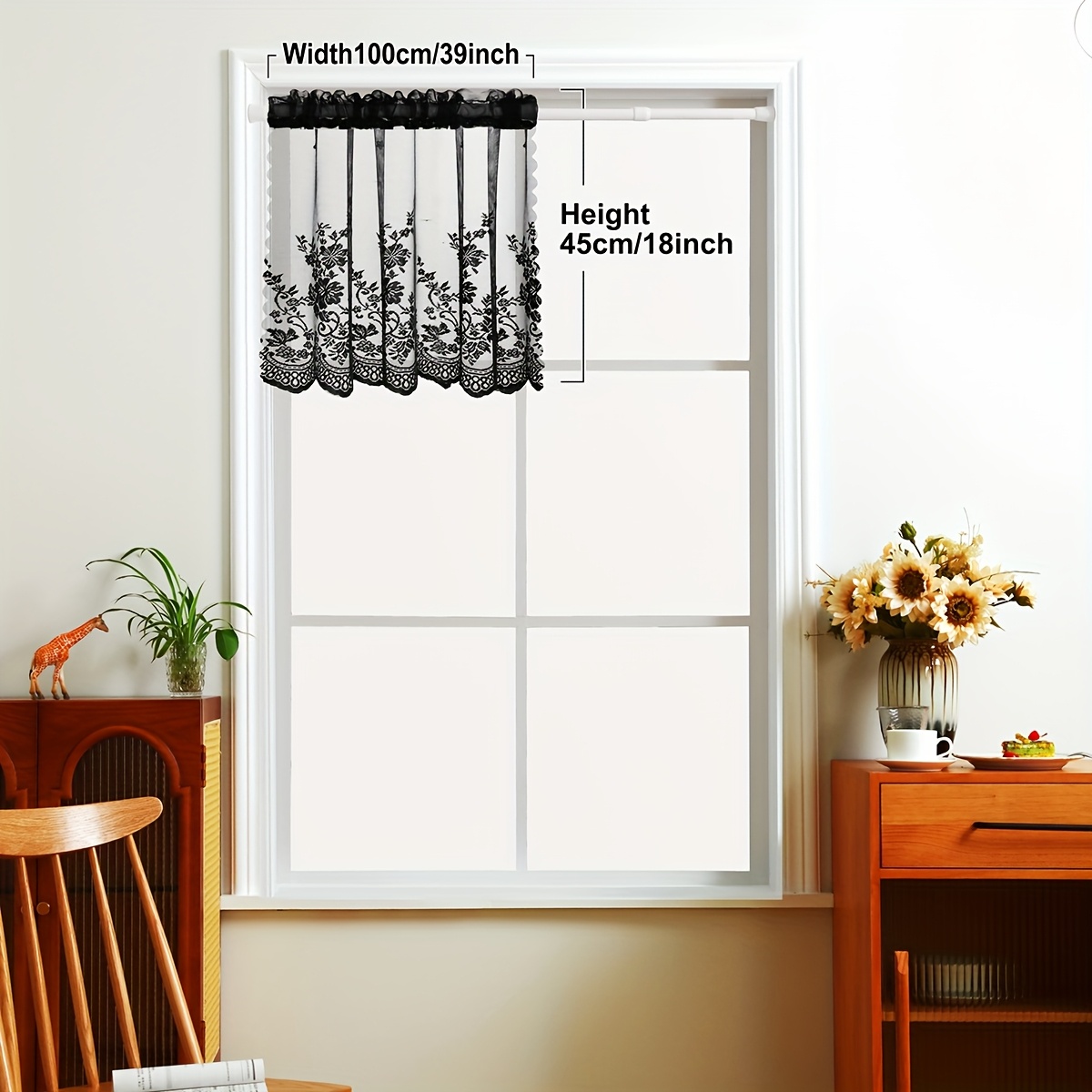Image of Lace Valance - Rod , Light-filtering Floral Window Treatment For Kitchen, Living Room & Bedroom Decor