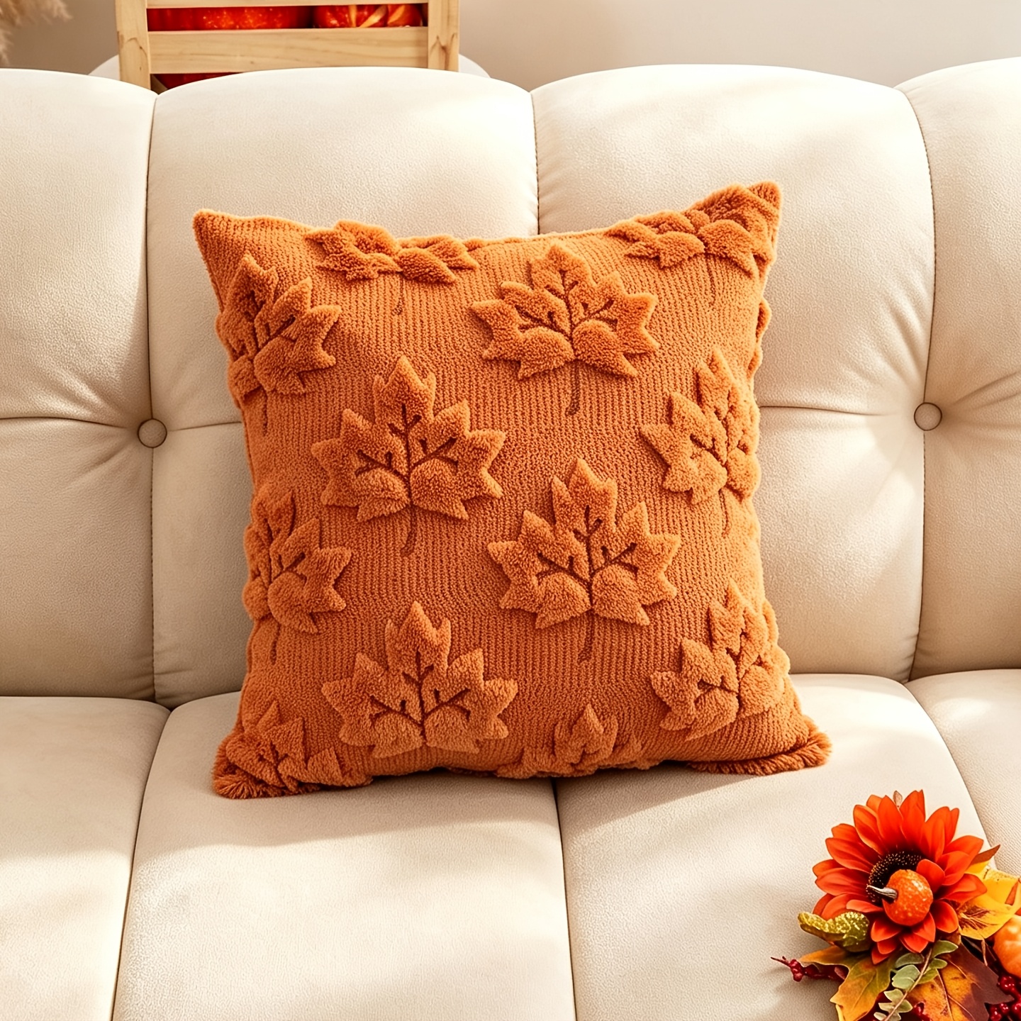 TEMU 1pc Caramel 3d Embroidered Maple Leaf Pillow Cover (no Insert), Themed, Decorative Cushion Cover For Living Room And Bedroom