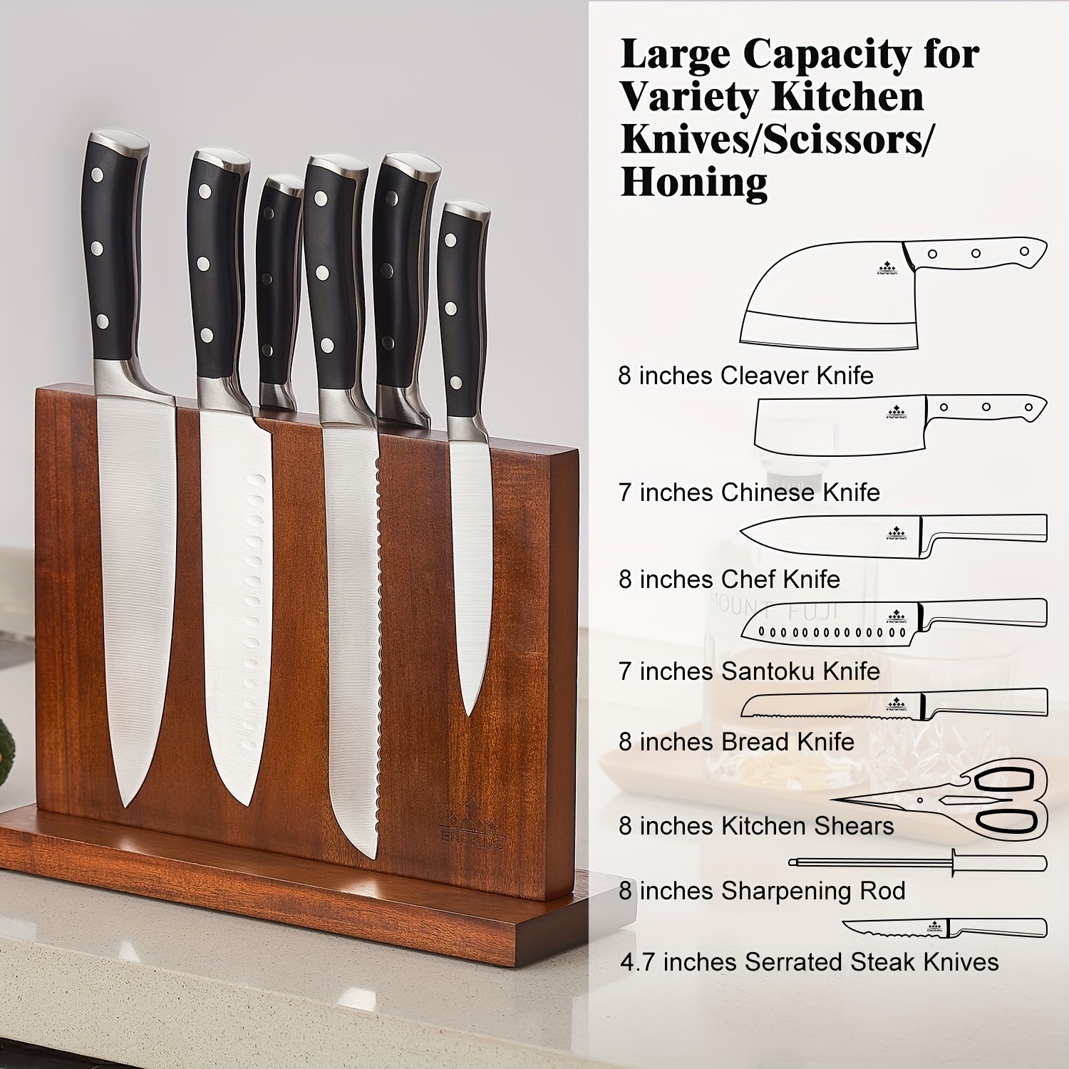 enoking magnetic knife block 12 5 x 9 inches double side magnetic knife holder built in three powerful magnets strip acacia wood universal knife storage organizer for kitchen counter details 6