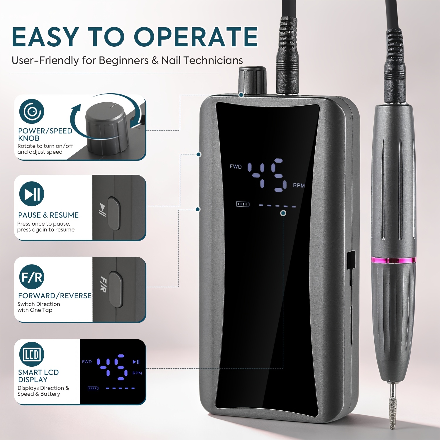 45000RPM Electric Nail Drill with LCD Display