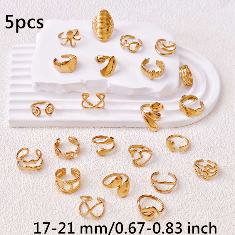 TEMU Set di Gioielli per 5 Pezzi/Confezione, Anelli in Acciaio Inossidabile 17 mm-21 mm, Design Retro e Moderno con Geometriche, Animali, Foglie,