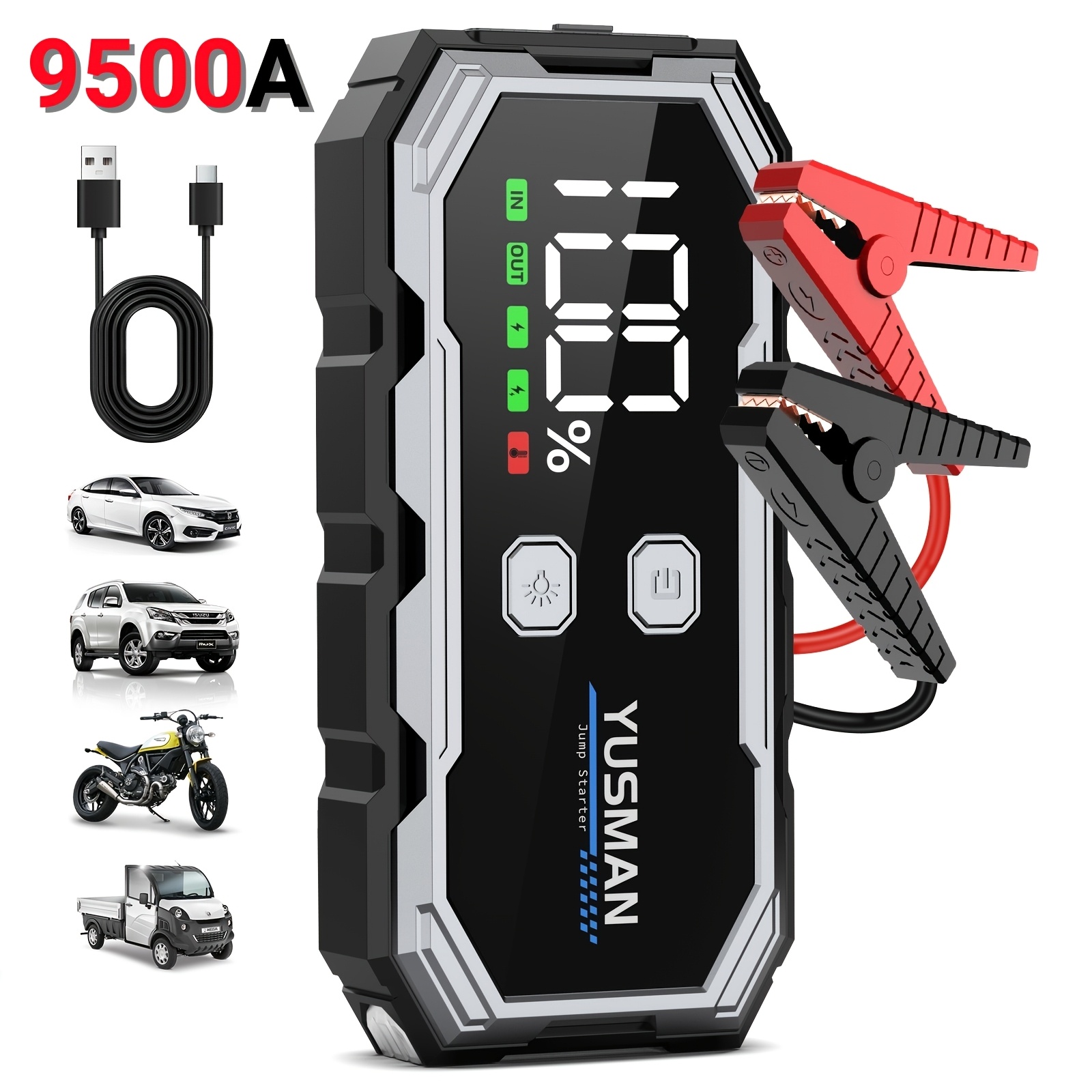 Image of 9500a Jump Starter Power Bank (up To All Gas/10l Engines) - Car Battery Booster With Large Lcd, Clamp, 3 Led , Type-c Fast Charge For Suv, Truck, Motorcycle