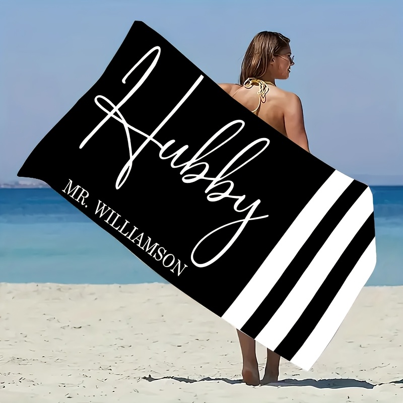 Custom Text Name Beach Towel, Gift for Husband or Wife