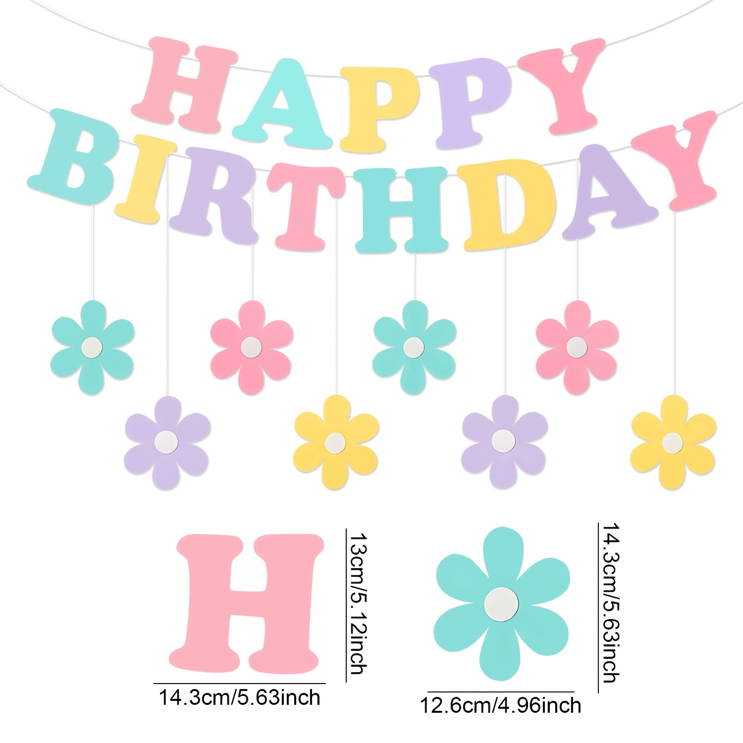 TEMU Adorable bannière d'anniversaire en feutre macaron, lettres de bulle et guirlande florale de marguerites, un accessoire de décoration suspendue