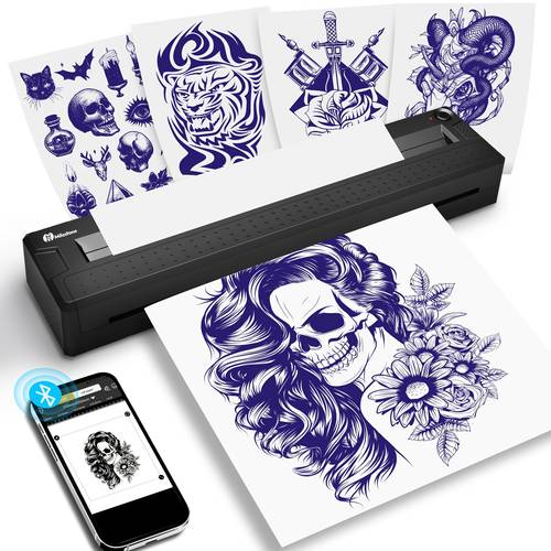 portable bluetooth thermal printer a4 tattoo template copier printer with 10 sheets transfer paper compatible with smartphones and tablets suitable for thermal paper tattoo transfer paper