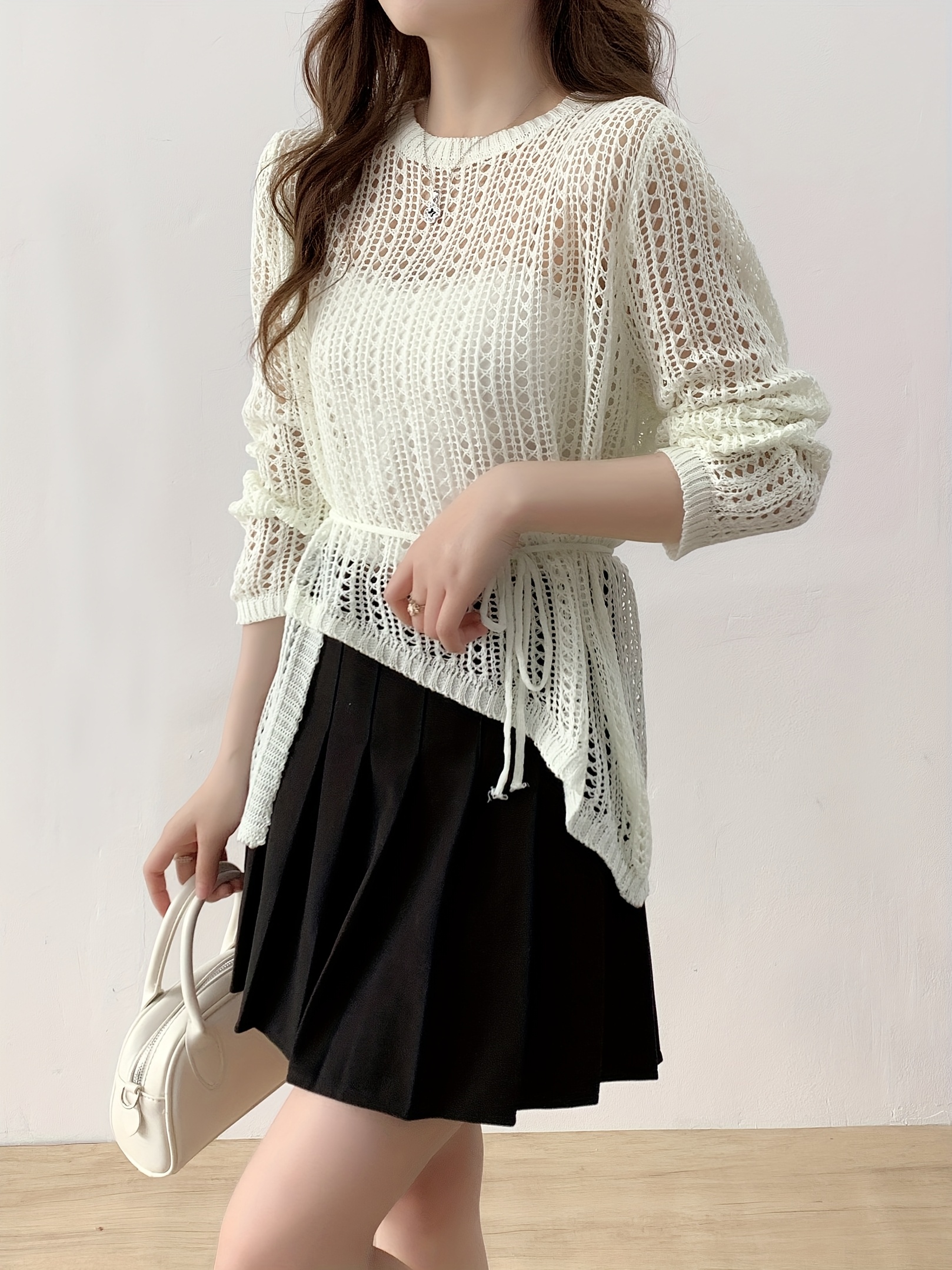 Spring/Summer Thin Lazy Style Waist-Tie Air Conditioner Outer Cover Shirt with Round Neck, Diagonal Hem, Irregular Crochet Lace Mesh Pullover Top