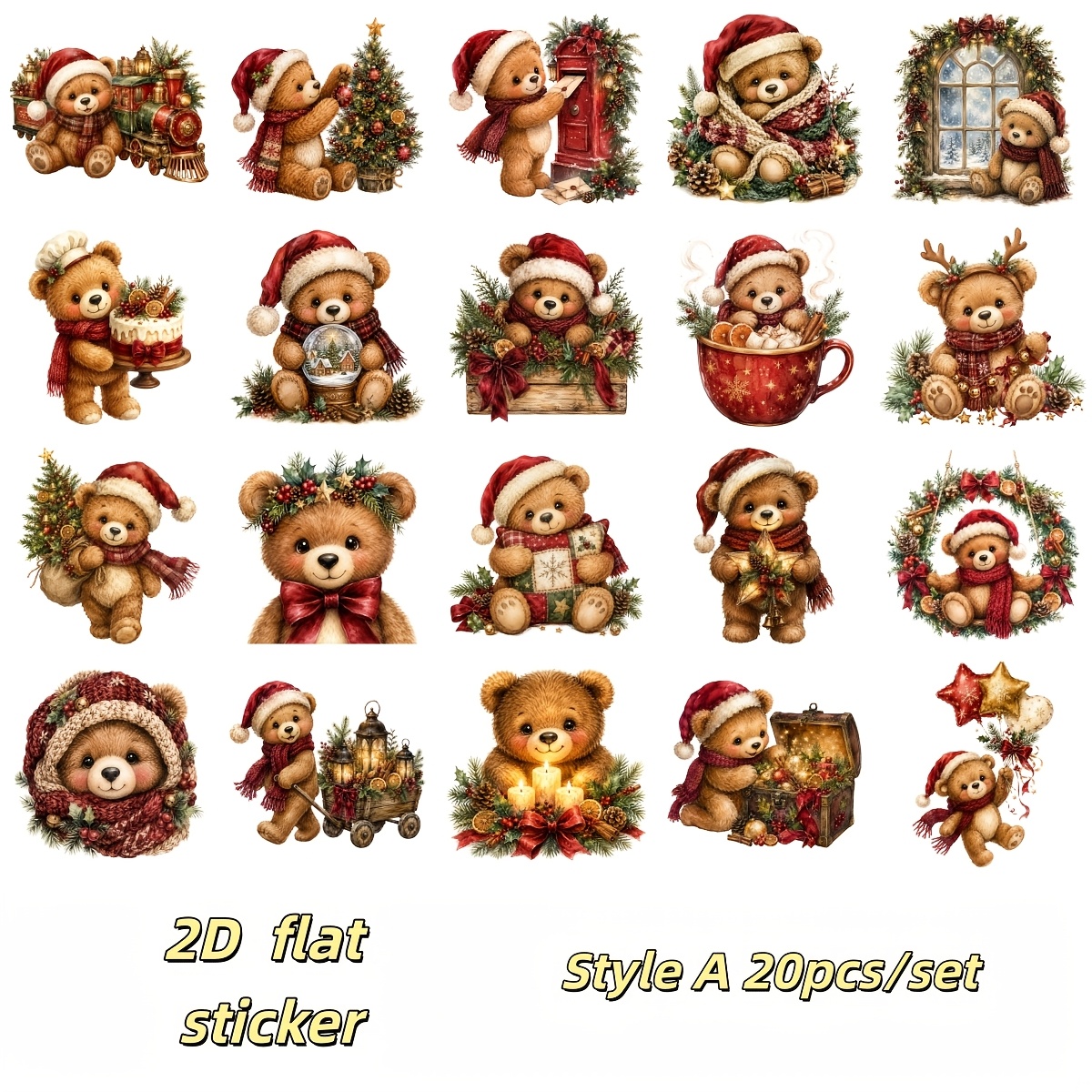 TEMU 20pcs/set 2d Flat Stickers, Vintage Christmas Teddy Bear Stickers, Crafts, Scrapbooks, Travel Bags, Laptops, Guitars, Skateboards, Suitcases,
