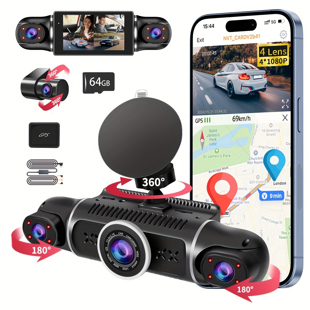 

4 Channels Front+rear+left+right Dash Camera For Cars, 360 °rotatable Camera, Backup Camera, With Built-in Wifi, Camera Security Dashboard, Loop Recording, Night Version, G-sensor, Wdr, Free 64g Card