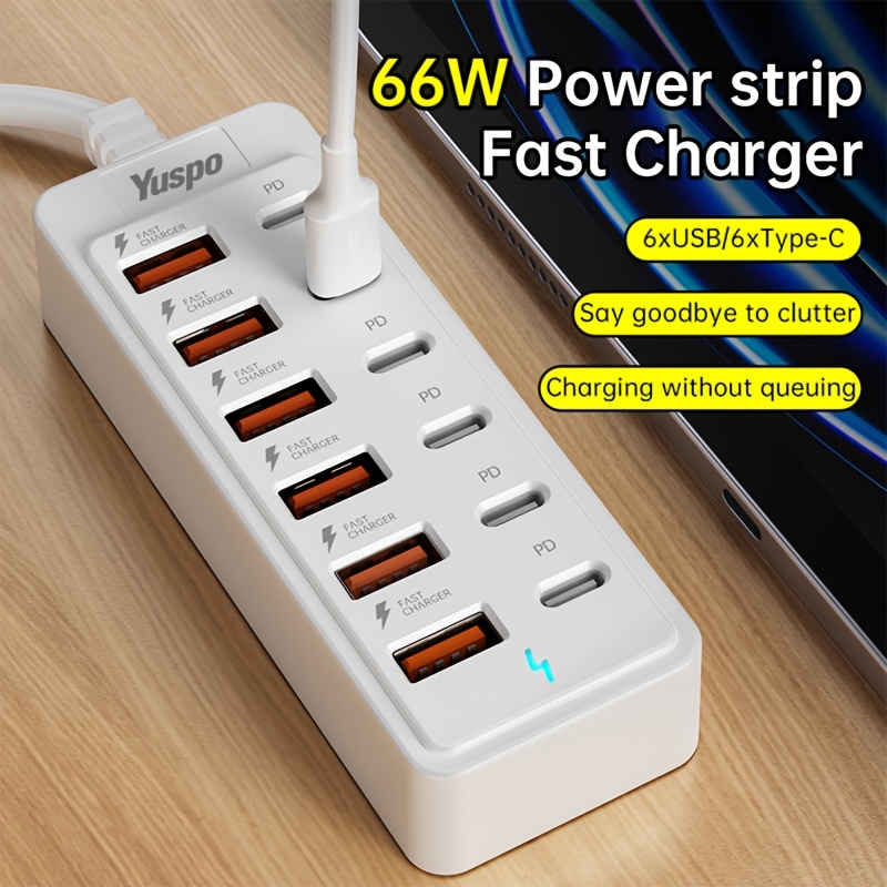 TEMU Yuspo 66w 12-in-1 Desktop Portable Usb-c Charging Station, 6pcs Pd Type-c And 6pcs Usb-a Charging , Plug And Play Usb, Smart Current