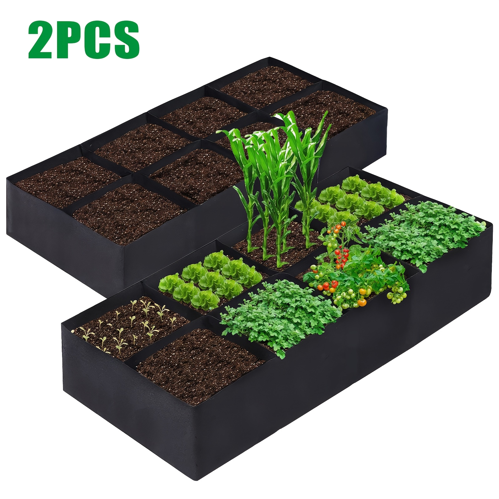 TEMU Large Capacity Raised Garden Bed (2 Pack), 8-grid Grow Bags And Plant Nursery Bags, Breathable Felt Rectangular Growing Containers For Organized