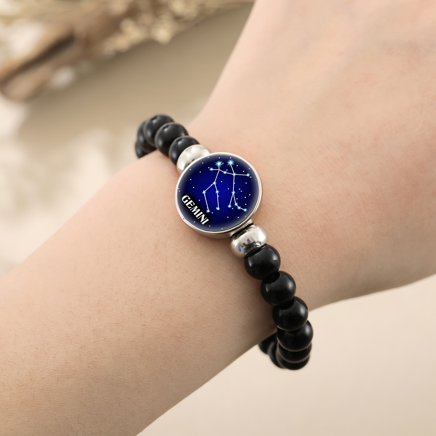 Men's Classic Black Bead & Chain Bracelet, Gemini Constellation
