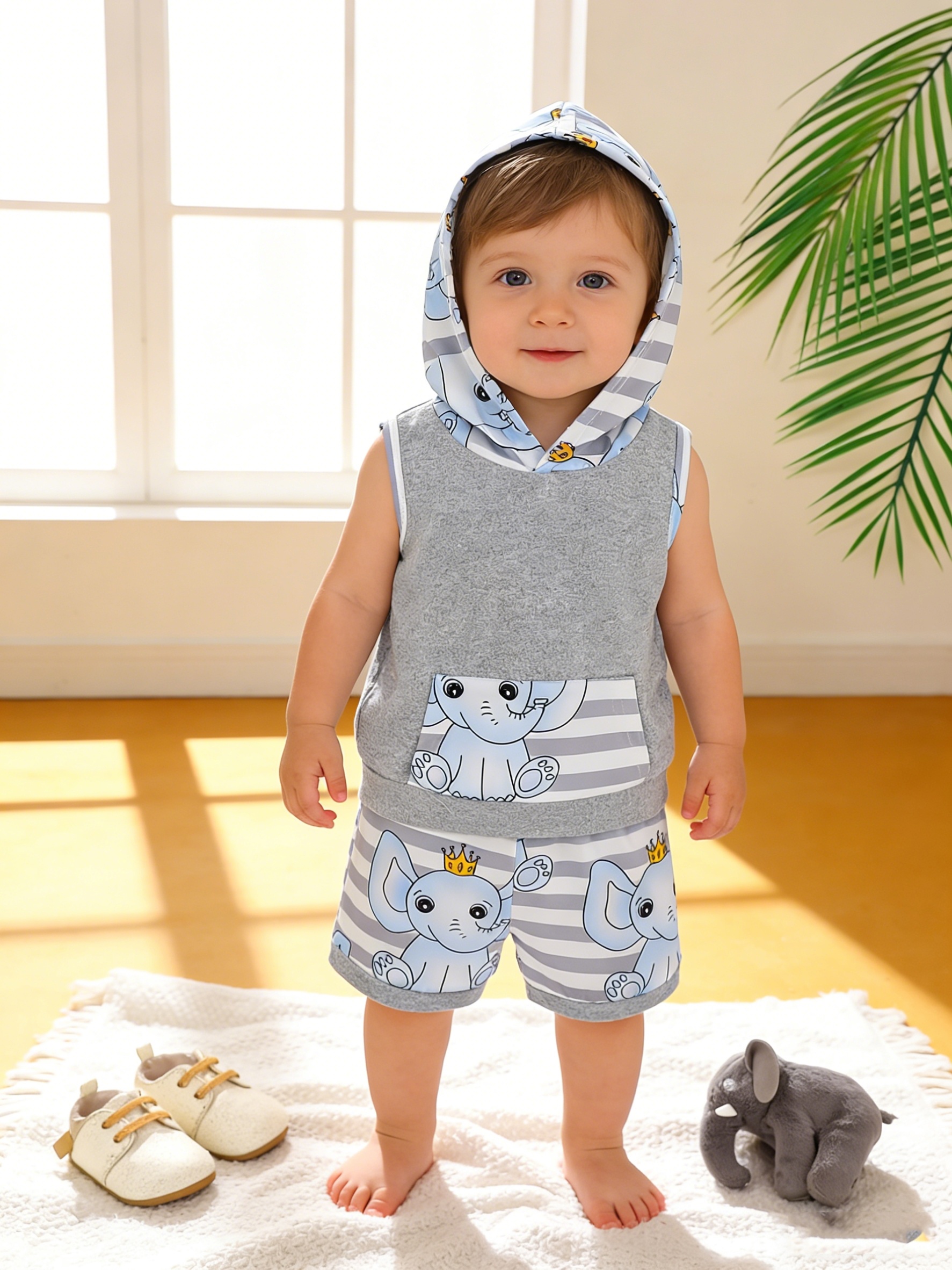 Boys' Hooded Sleeveless Top and Shorts Set, Casual Summer Baby Shorts Set, Perfect for Outdoor