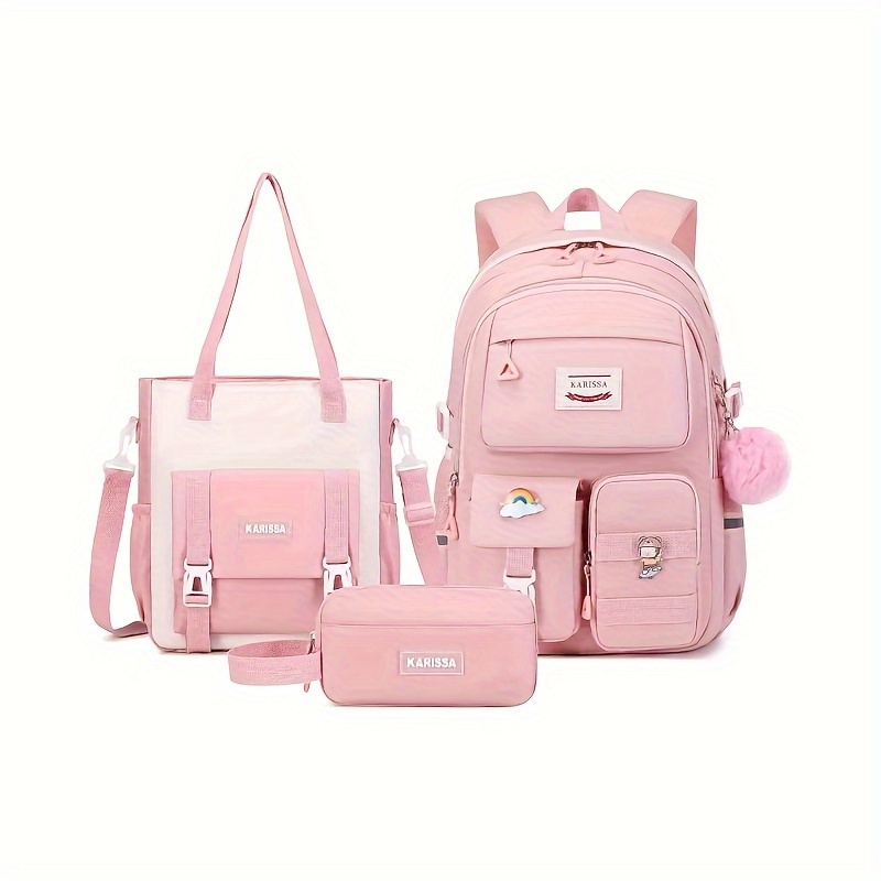 

3pcs/set Women's Fashionable Release Buckle Design Monogram Pattern Nylon Backpack Set, With The Shoulder Bag, Pen Storage Bag, Casual Student Bag Set, Elite Bag