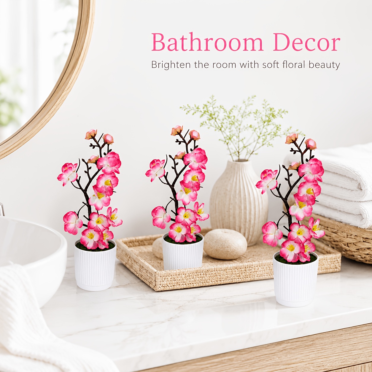 TEMU 3pcs Pink And White Gradient Artificial Bonsai Set, Suitable For Home Decor, Living Room, Bedroom, Study, Office, Entryway, Coffee Table, Dining