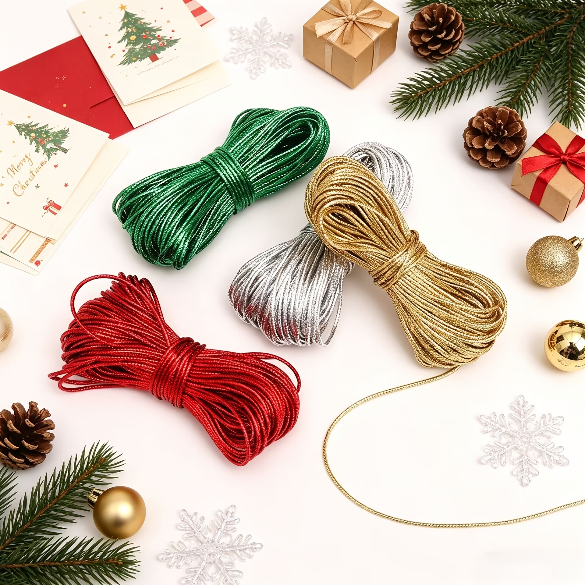 Image of 4 Rolls Christmas Twine, Decorative Gift Wrapping Cord, Flexible Craft String For Xmas Gift Packing, Diy Ornaments, & Party Decor Supplies