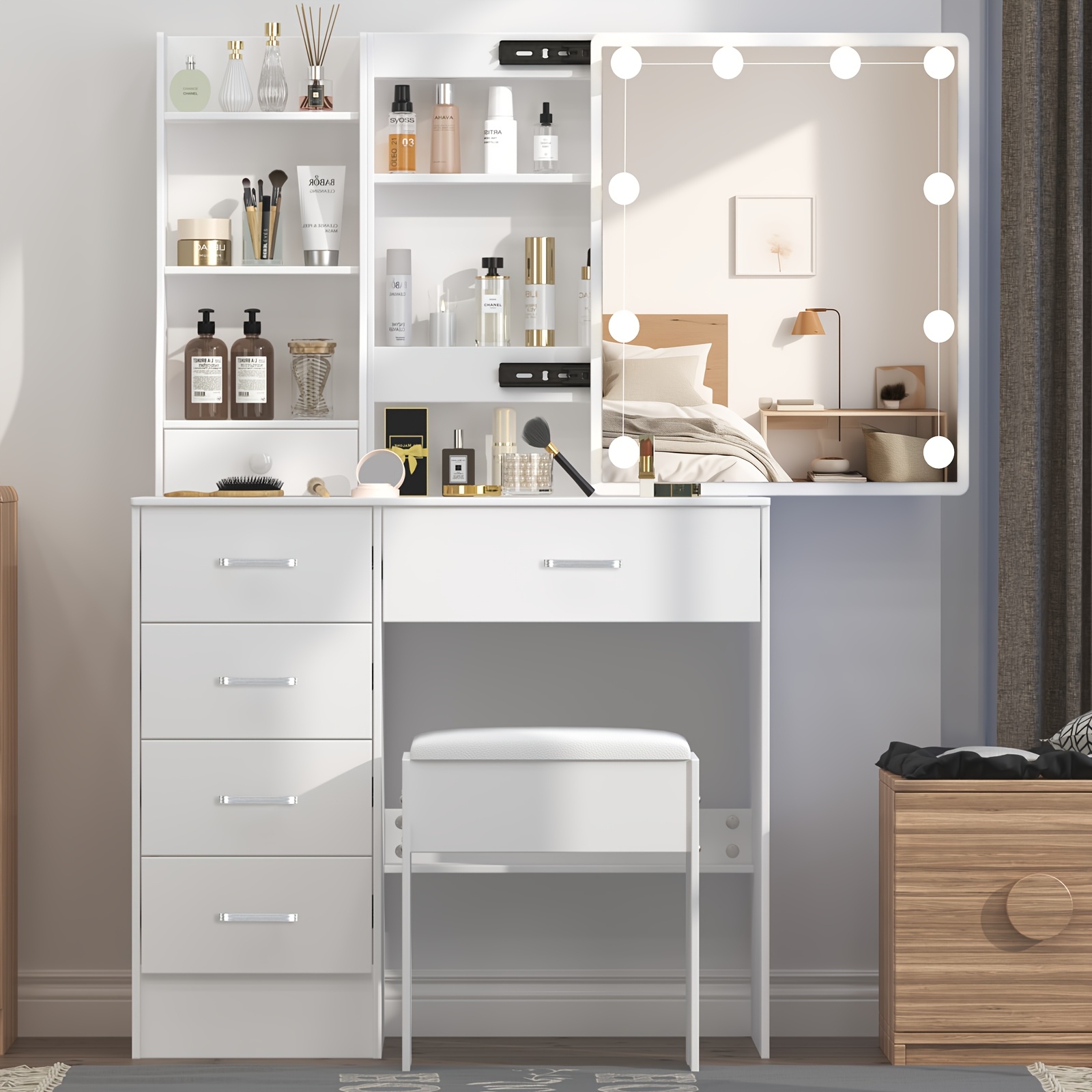 Image of Vanity Desk With 10 Led Lighted Mirror, Makeup Vanity Table With 3 Color Lighting , 7 Drawers & Open Shelves, White Dressing Table With Nightstand Design & Large Storage For Bedroom