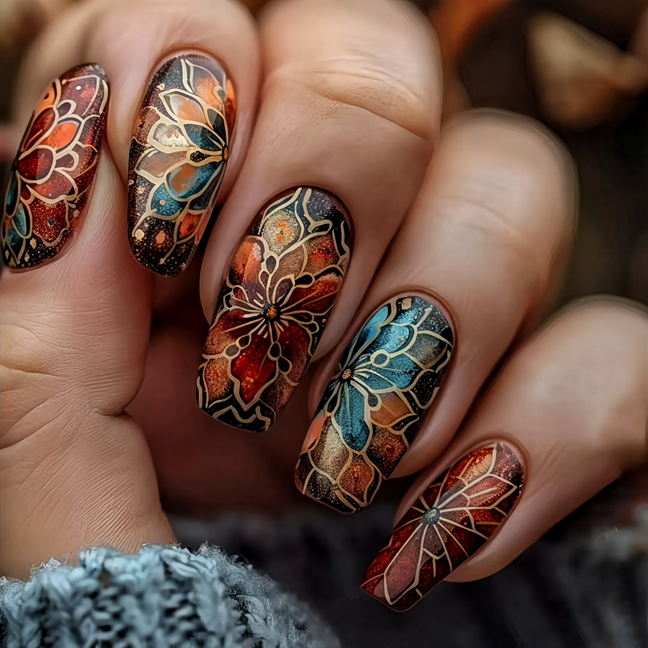 TEMU 24pcs. New Medium-length Ballet-shaped Press-on Nails. Sweet Cool Golden Texture, Floral Pattern, Decorative False Nails For Women, Suitable For