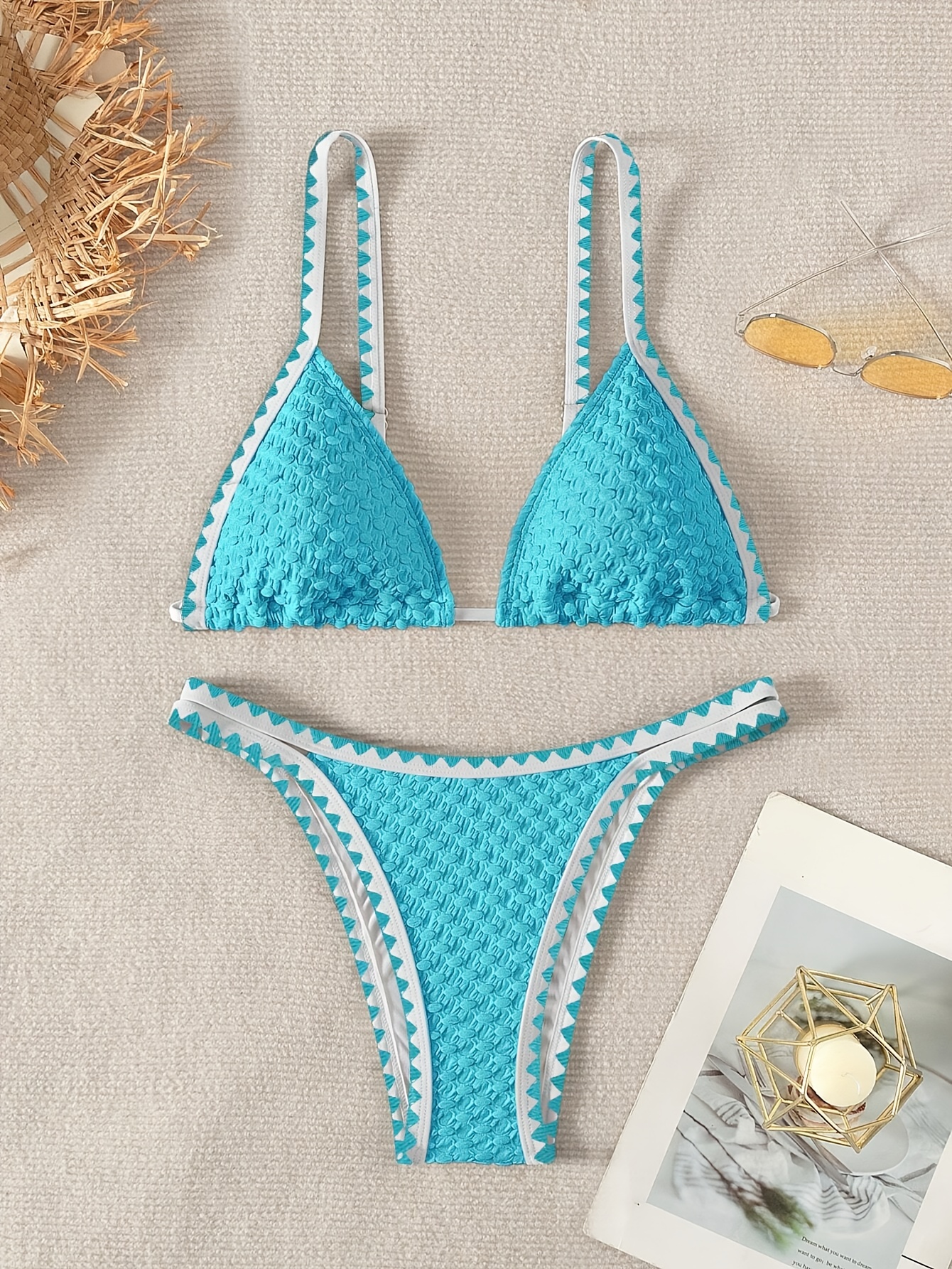 Contrast Trim Whip Stitching Textured Fabric 2 Piece Set Bikini Swimsuits, Women's Swimwear & Clothing