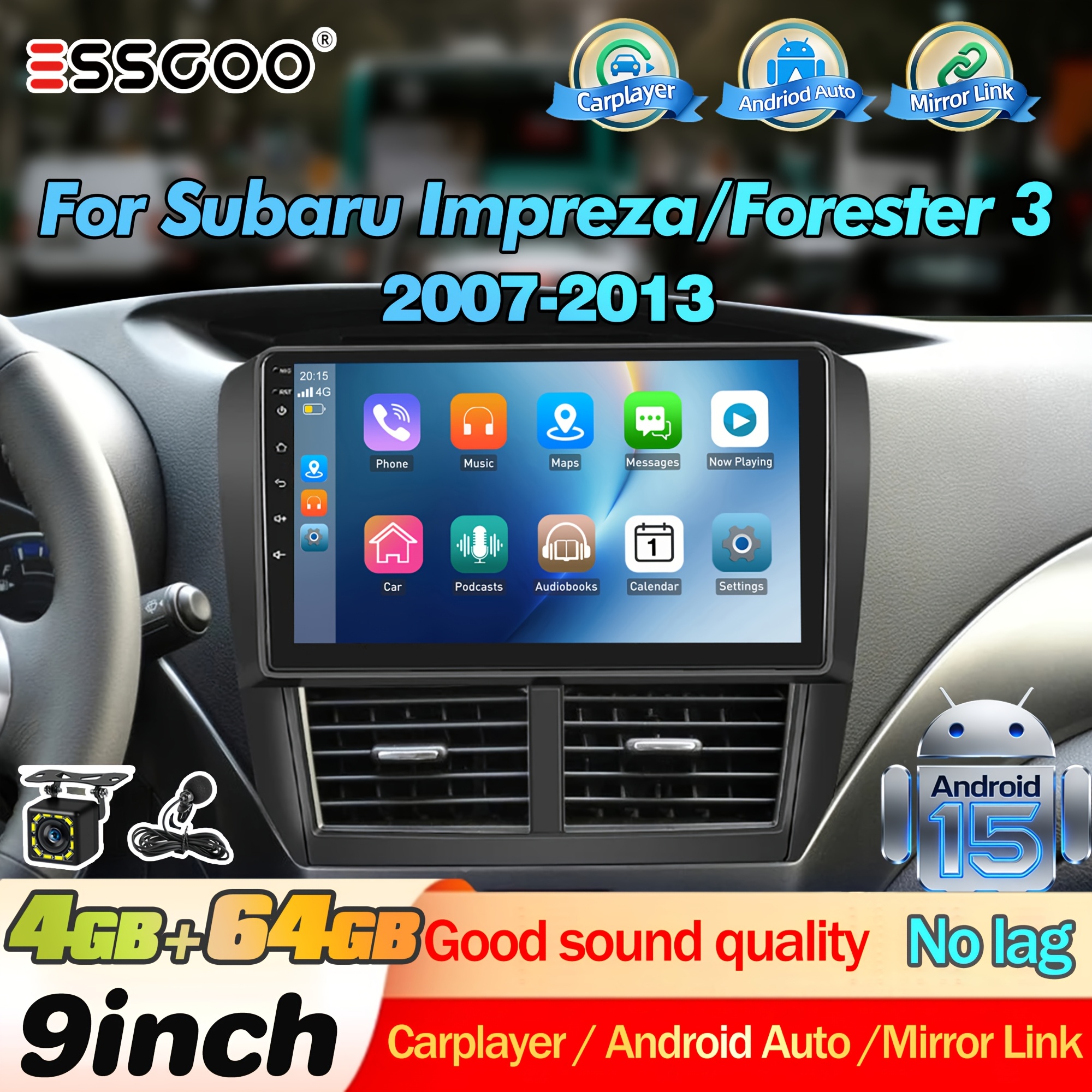 Image of Essgoo 15 Smart Car Radio System Designed For Impreza/forester 3 From 2007 To 2013, Featuring A 9-inch Ips Touchscreen, / Auto, 4+64gb Storage, , Gps Navigation, Steering Wheel Control