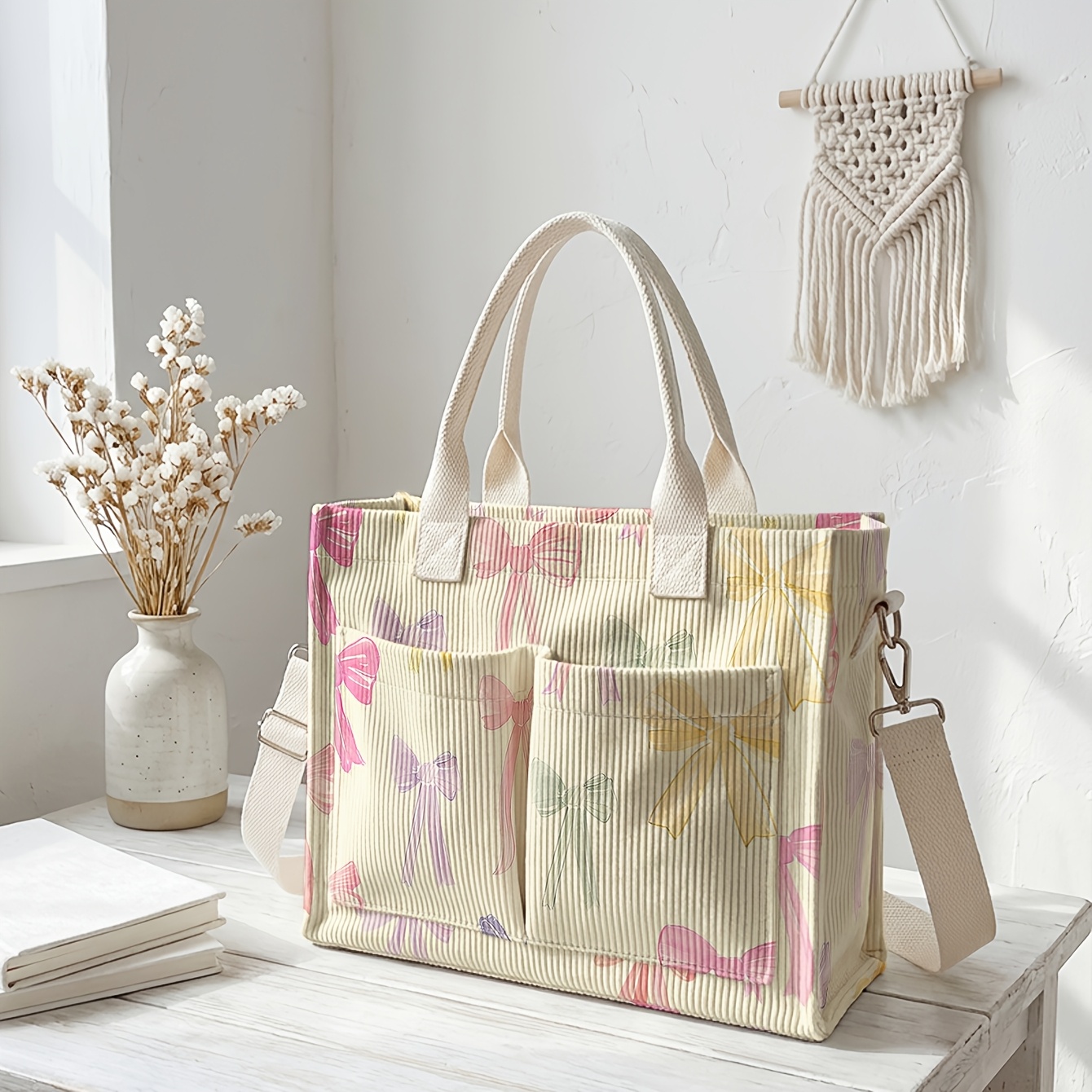 TEMU 1pc, A 2d Printed Women's Tote Bag With A Colorful Bow Pattern, Corduroy Texture, Suitable For Hand And Crossbody Use. Versatile For Commuting,