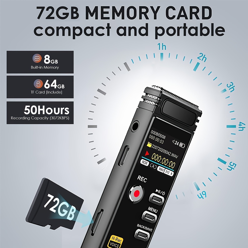 1pc professional   with 72gb memory smart noise canceling chip   microphone 7 level noise reduction 1536kbps   recording voice activation expandable tf card   while recording 3 5mm headphone jack rechargeable lithium polymer battery compatible with pc and  