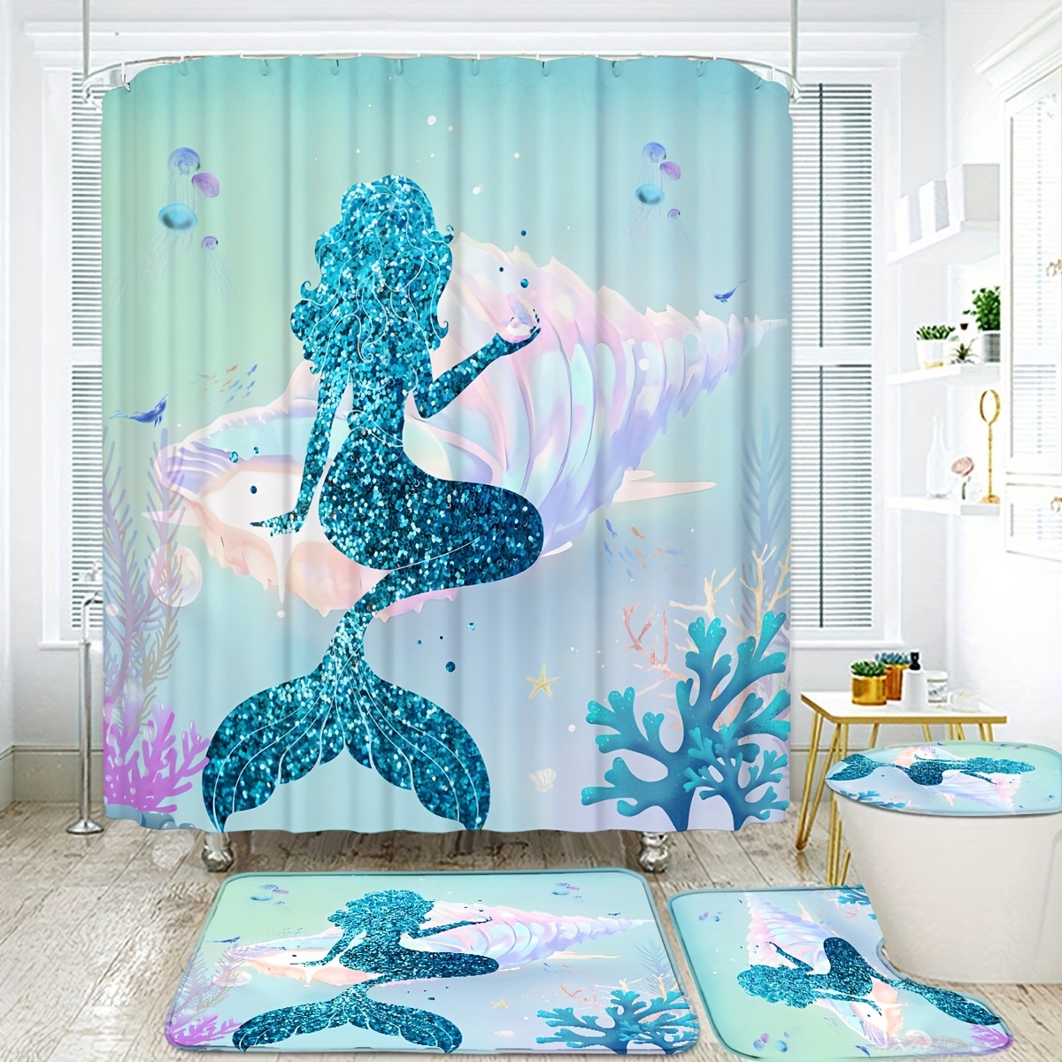 

1/4pcs Fantasy Mermaid & Coral Pattern Shower Curtain Set With Hooks, Waterproof Shower Curtain, Toilet Cover Mat, Non-slip Bathroom Rug, U-shaped Bath Mat, Bathroom Decor Accessories