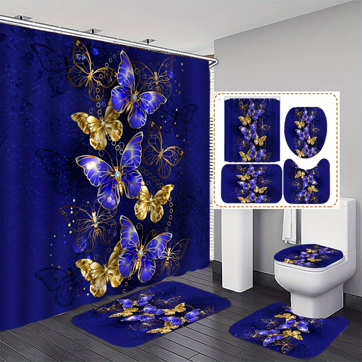 

4pcs Blue Golden Pattern Shower Curtain Set, Waterproof Bath Curtain With Hooks, U-shaped Mat, Toilet Cover Mat, L-shaped Mat, Bathtub , Bathroom Accessories, Home Decorations