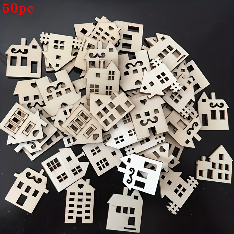 Image of 50 Unfinished Wooden Craft House-shaped Wooden Decorative Cutout Wood Slices For Diy Painting, Doodling, Home Parties, And Holiday Decorations