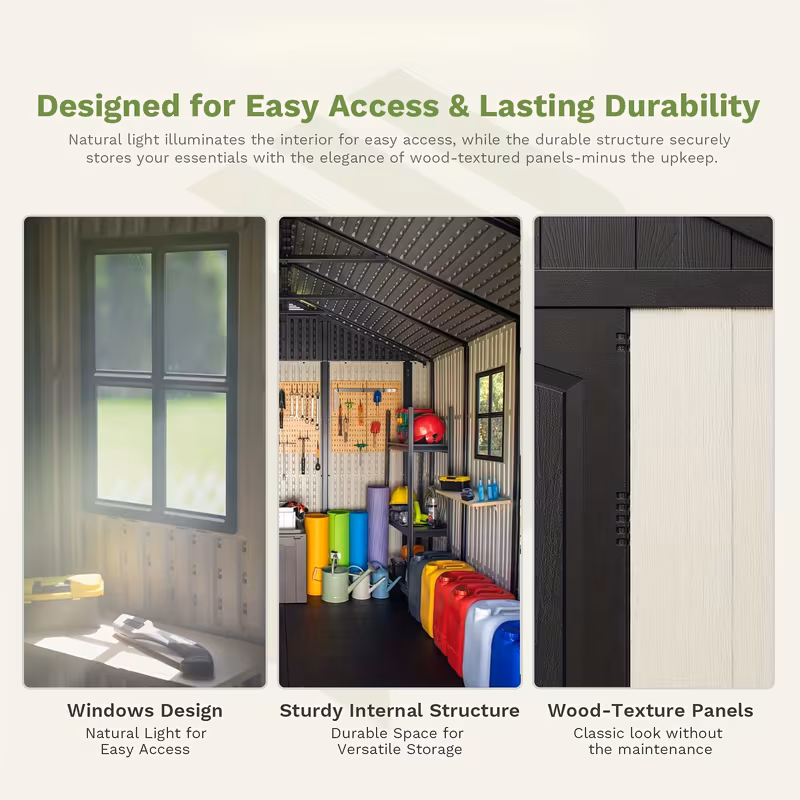 8x8 ft outdoor storage shed with lockable door large 403 cuft resin shed with windows vents all weather plastic storage shed tool organizer for backyard garden patio lawn Product details 1