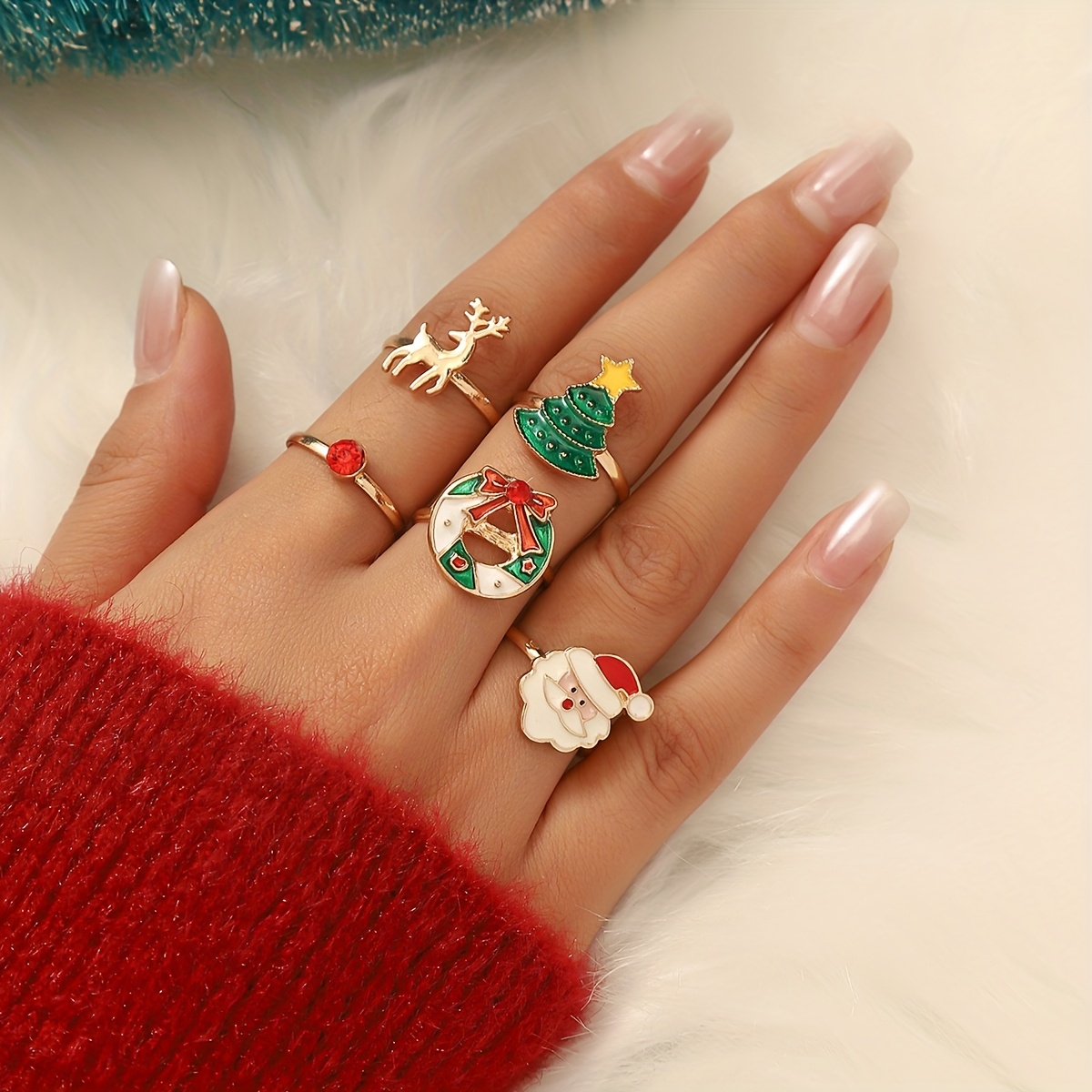 TEMU Juego de 5 anillos de retro navideño, diseño simple con y árbol de Navidad, ideal para mujeres, regalo para celebraciones festivas