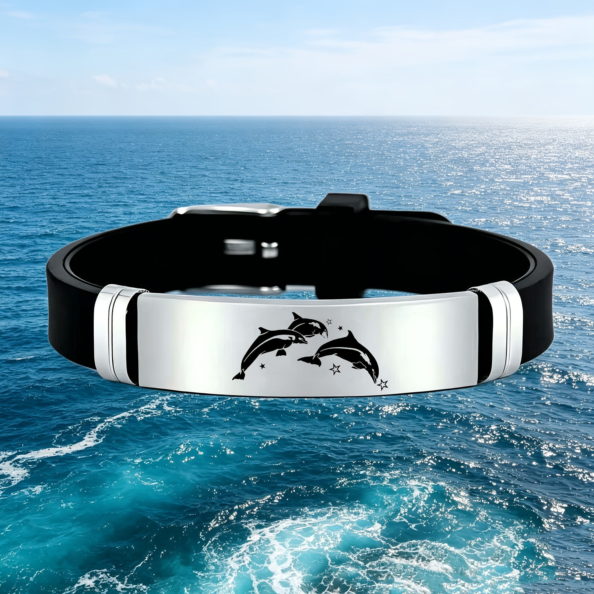 Dolphin and Star Design Stainless Steel Silicone Bracelet