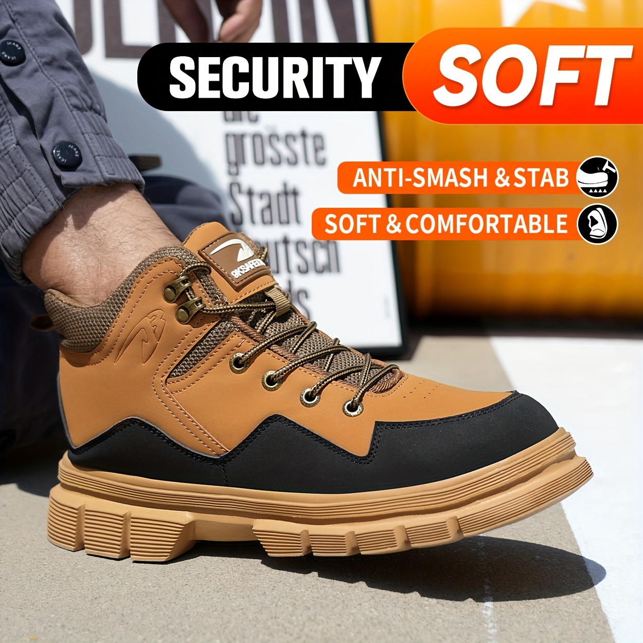 mens steel toe work boots puncture resistant breathable safety shoes non slip lace up microfiber synthetic upper comfortable fabric inner rubber sole round guard men s shoes temu Temu