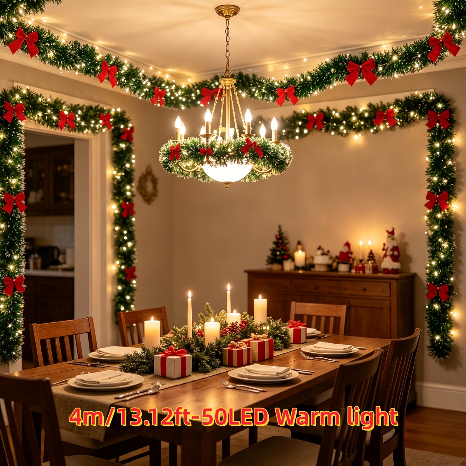TEMU Guirlande Décorative de Noël en Clignotant avec Nœuds Rouges et Guirlande Lumineuse à Fils Métalliques, Guirlande à 8 Alimentée par Piles, Piles