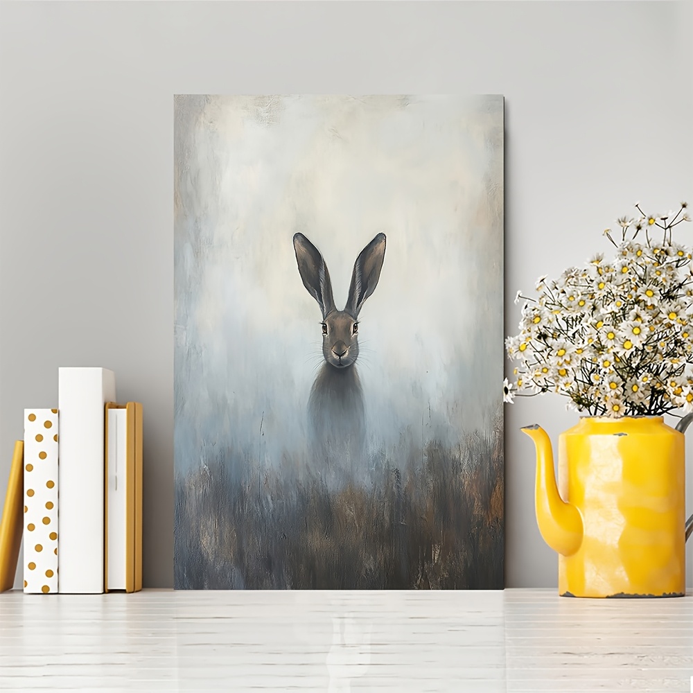 Image of 1pc Large-eared Brown Rabbit Portrait Wall Art - Vintage Style Framed Canvas With Sturdy Wood Frame, Ready-to-hang For Home Office Decor, Rabbit Lover Gift, Neutral Palette (ear Size Is A '
