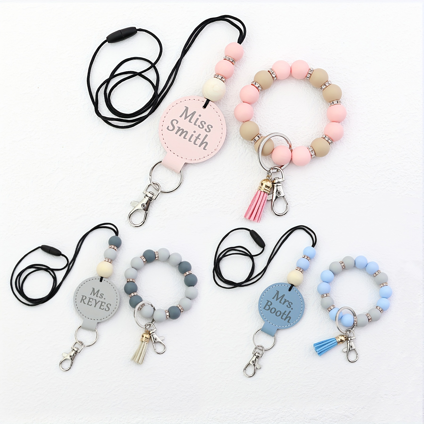 

Personalized Teacher Appreciation Gift: Customized Beaded Lanyards With Keychain For Id Badges, Cute Keychains Tassel Bracelets Wristlet Keychain Car Beaded Bangle Chains For Women